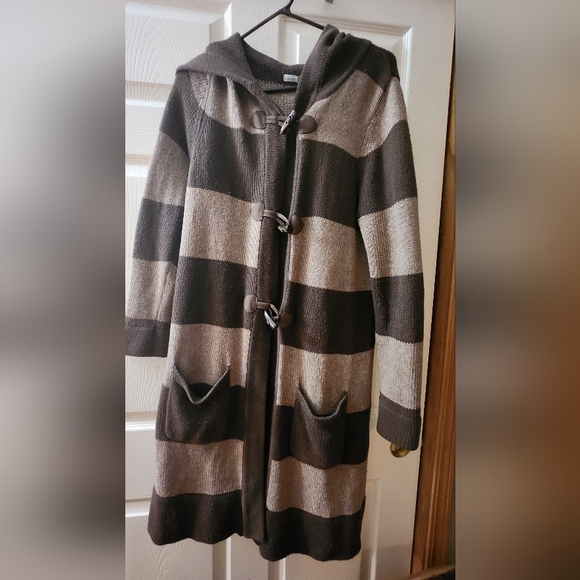 Old Navy Hooded Striped Duster Coat/Sweater in Brown and Tan - Picture 3 of 6